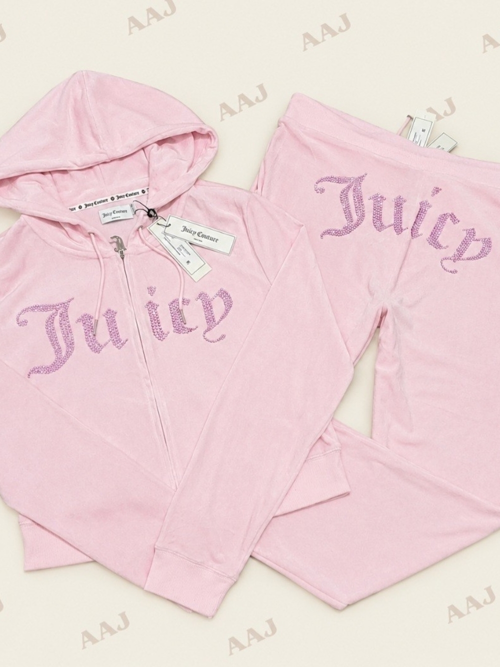 Juicy Couture Cherry Blossom Pink OG Bling Velour Zip Hoodie & Pants Set - XL